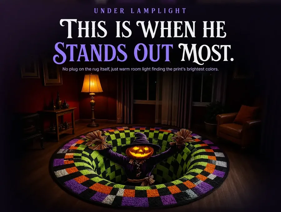 A lamp-lit living room where a printed pumpkin-headed scarecrow rug catches the warmest light