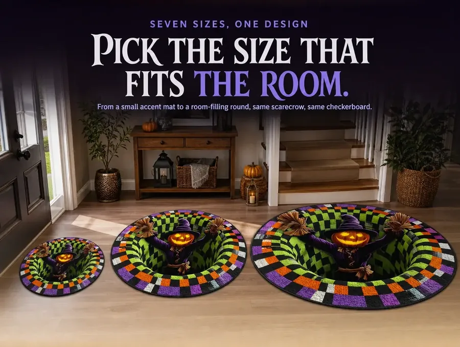 Three of the same illusion rug design laid side by side at noticeably different sizes