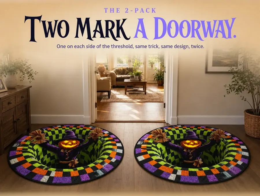 Two matching checkerboard illusion rugs laid on either side of a hallway doorway