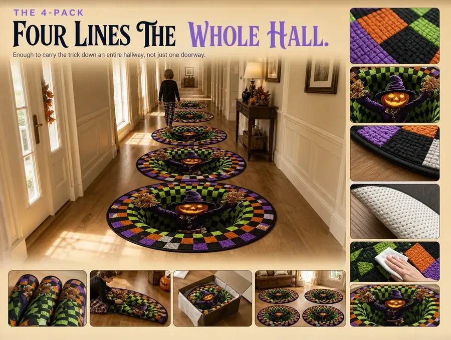 Four matching checkerboard illusion rugs spaced down the length of a hallway