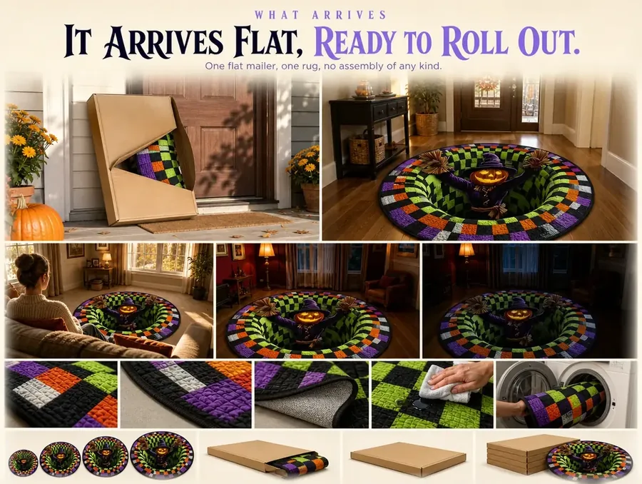 A cardboard mailer box on a porch with a rolled checkerboard illusion rug peeking out of it
