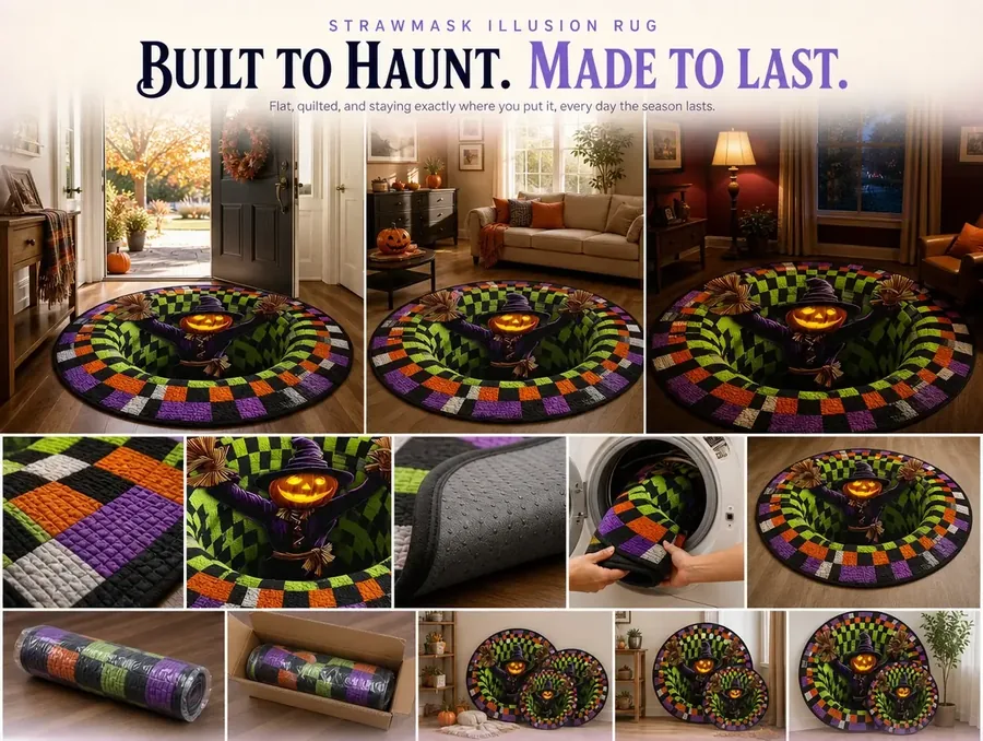 A finished entryway with the scarecrow checkerboard illusion rug flat on the floor by an open door