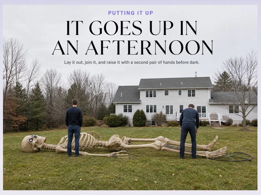 Two adults standing beside it as it lies on the lawn, longer than both of them, before it goes up