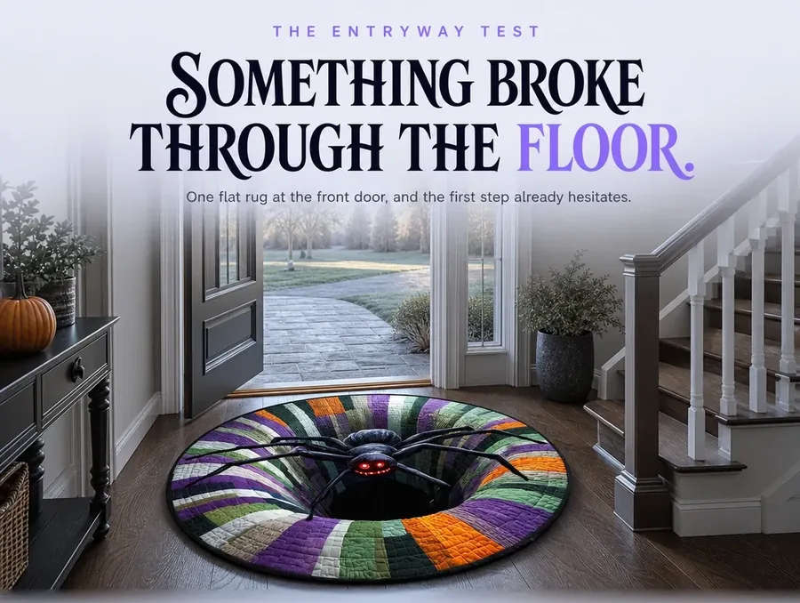 A round illusion rug at a home's front doorway, printed with a giant spider climbing out of a broken floor.