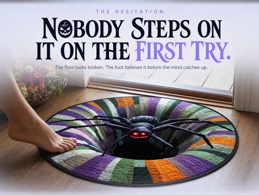 A bare foot hovering at the edge of the spider illusion rug instead of stepping onto the print.
