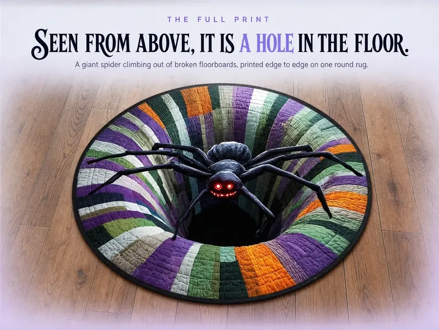Overhead view of the round rug's complete spider-and-checkerboard illusion print on a wood floor.