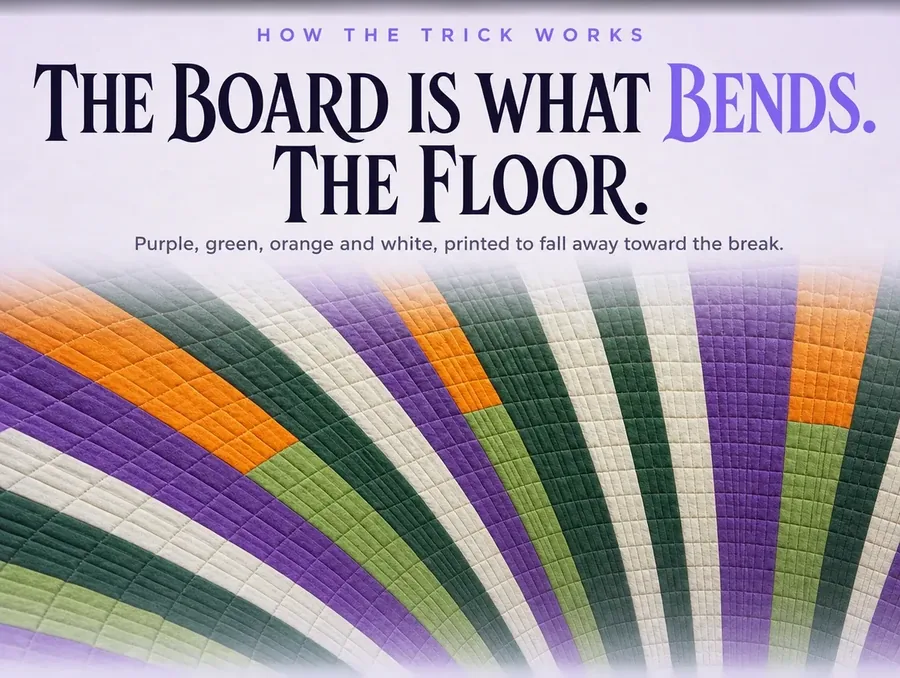 Close crop of the rug's purple, green, orange and white checkerboard tiles warping toward the printed hole.