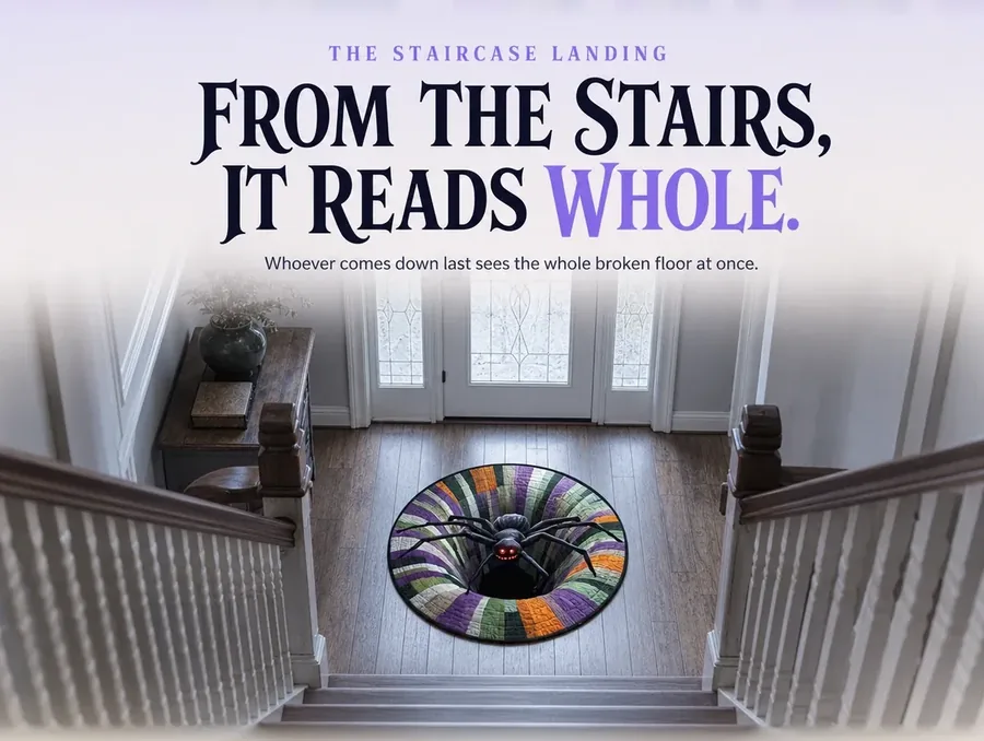 The illusion rug seen from partway up a staircase, its printed hole visible at the foot of the stairs.