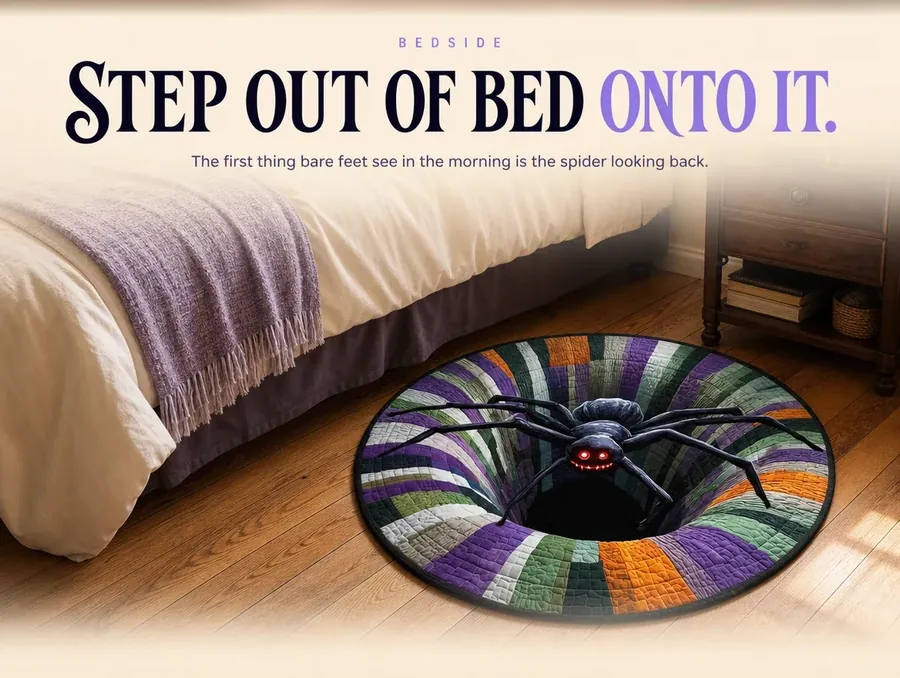The illusion rug laid beside a made bed in warm daylight, printed with the spider facing the mattress.