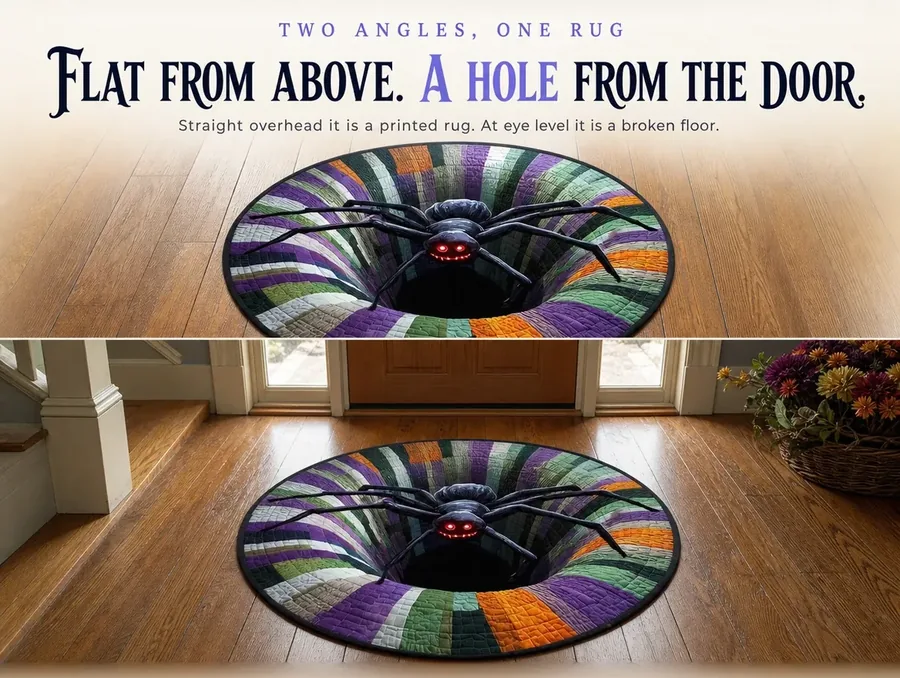 Split image of one rug: a flat overhead view on top, the same print reading as a hole from eye level below.