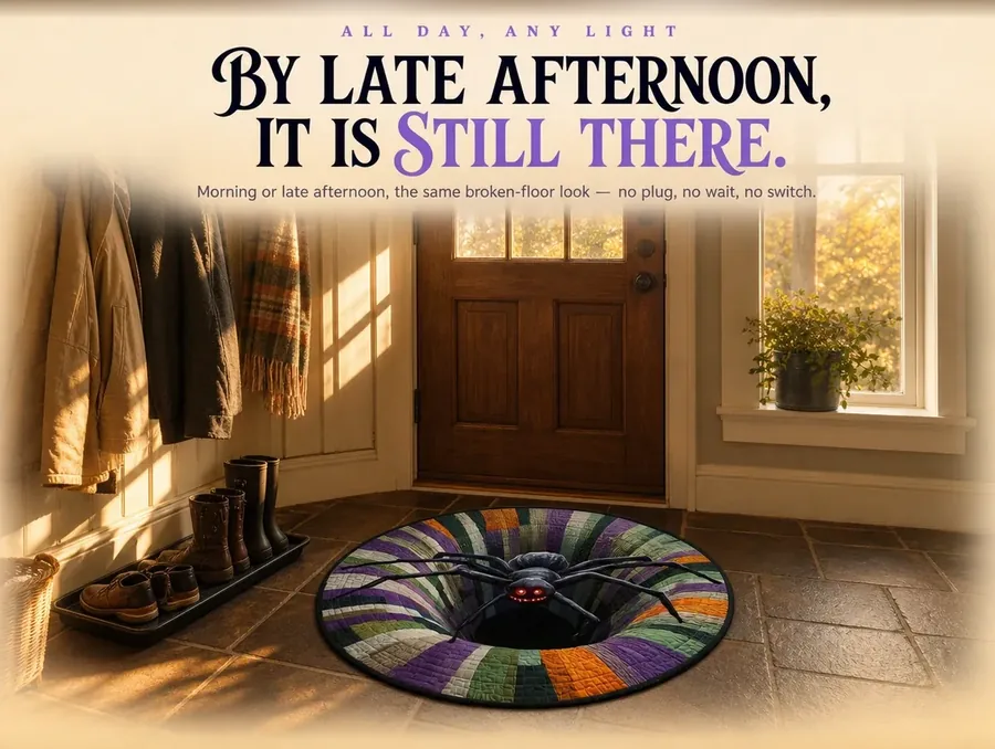 The illusion rug on a mudroom floor in warm late-afternoon light, unchanged from the morning.
