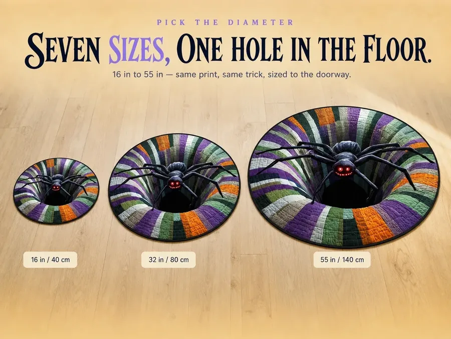 Overhead flat lay of the illusion rug printed at several diameters from 16 inches to 55 inches.