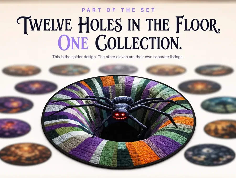 The illusion rug centered on white, surrounded by blurred discs hinting at other collection designs.