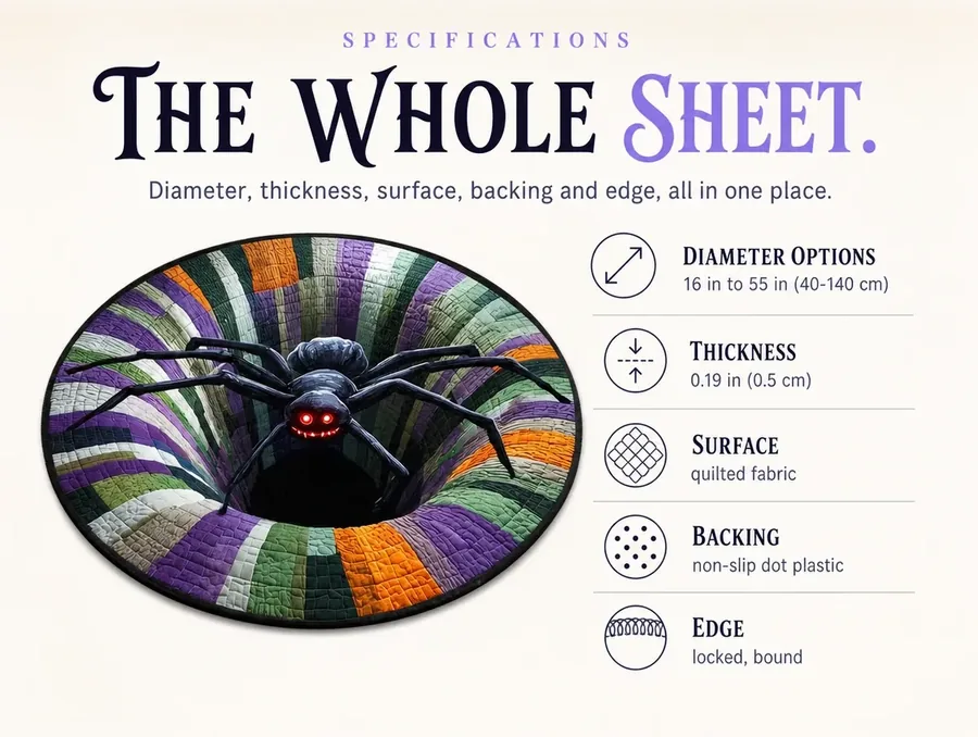 Spec sheet on white: the rug cut out on the left, a table of diameter, thickness and material on the right.