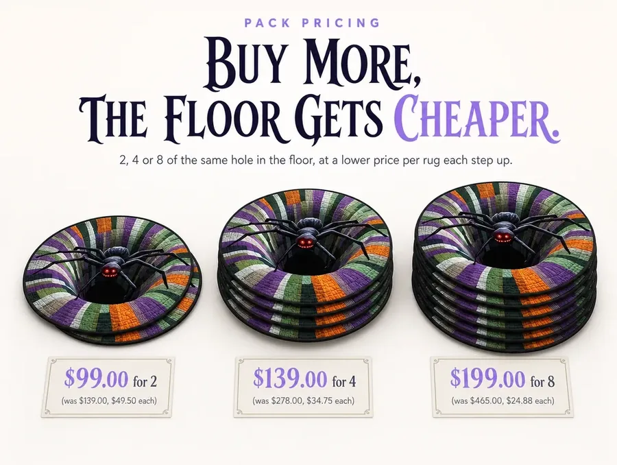 Three stacked groupings of the illusion rug on white labeled with pack pricing for 2, 4 and 8 units.