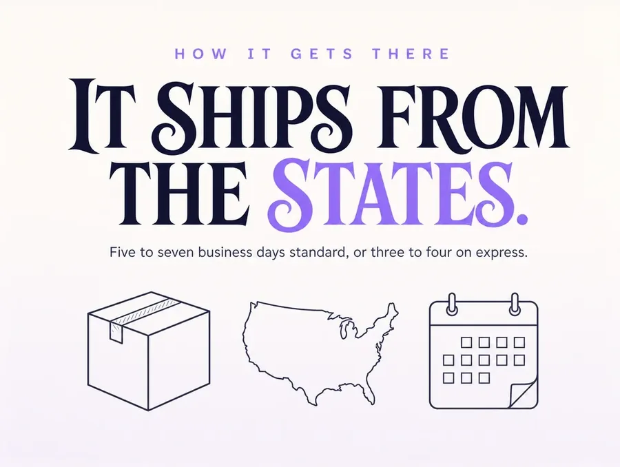 Flat line-art panel on white: a shipping carton, a United States map outline and a calendar page.