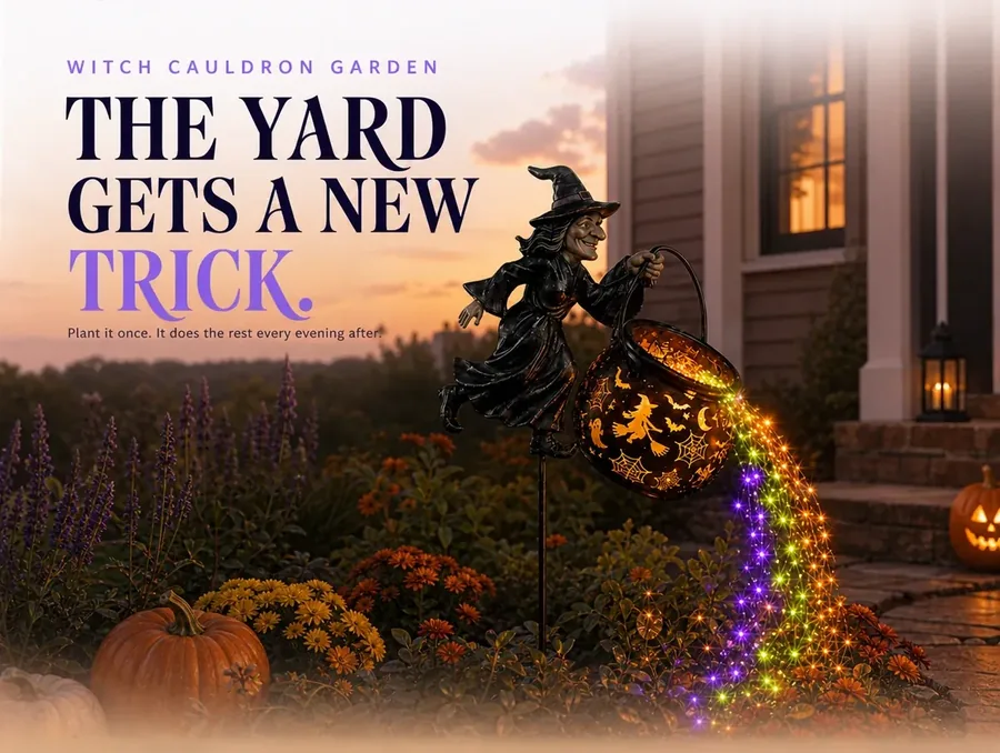 The witch and cauldron stake freshly planted at dusk, its glow just starting to catch