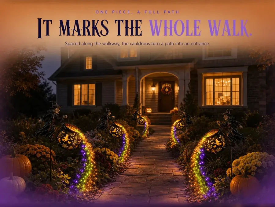 A house at dusk with its front walk lined by matching witch-and-cauldron stakes