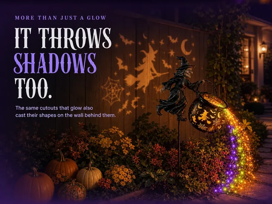 Soft amber shadow shapes cast on a nearby wall from the cauldron's cutouts