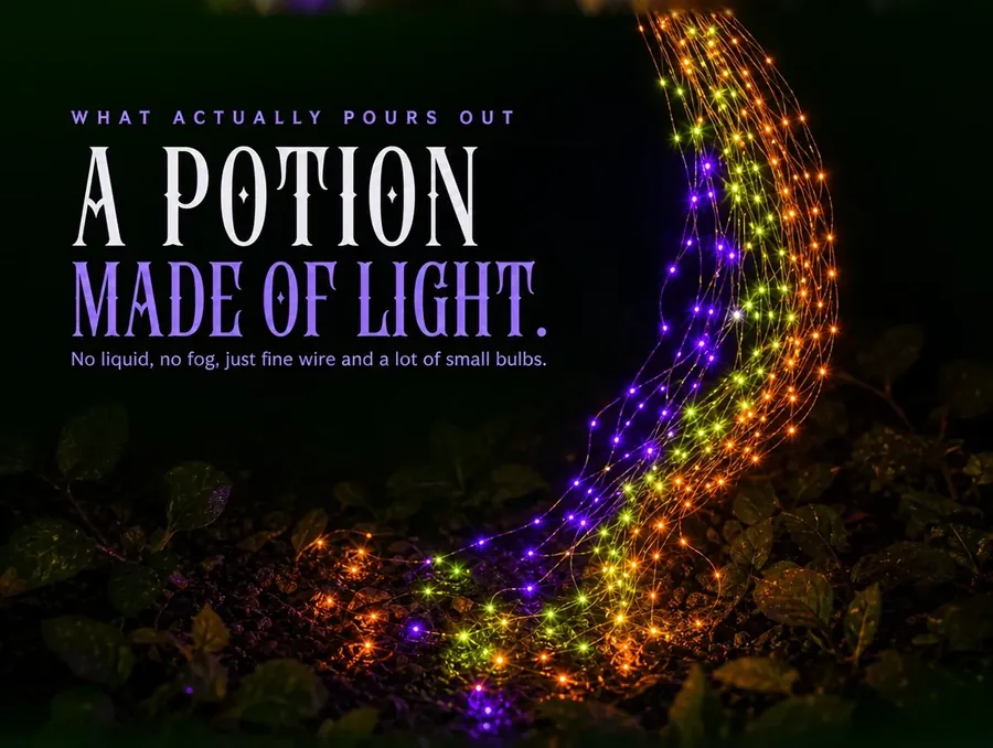 Macro view of individual orange, green and purple fairy-light points on fine wire