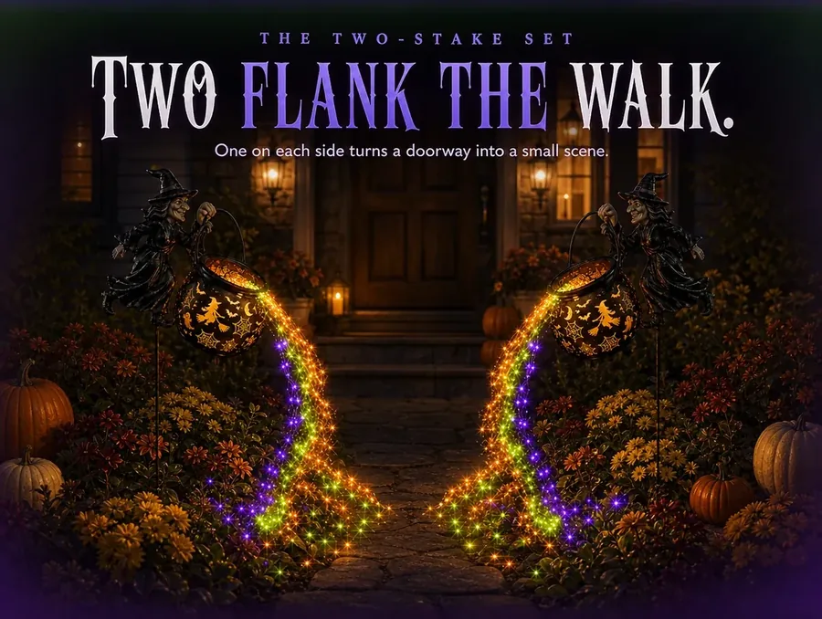 Two matching cauldron stakes at night flanking either side of a walkway