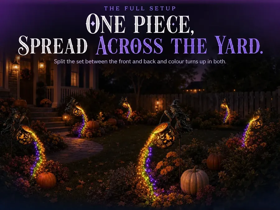 A wide night view of a whole yard with several cauldron stakes glowing across it