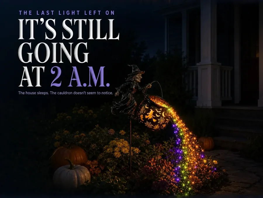 A sleeping dark yard where the cauldron's cascade is the only light still on
