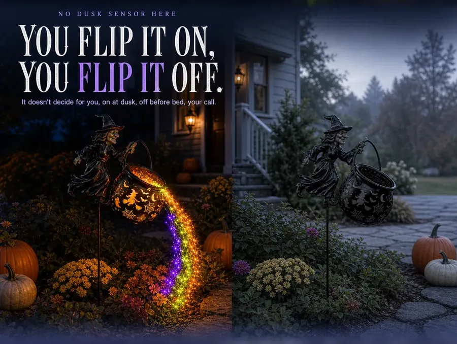 The same flower bed shown lit at night on one side and unlit at early morning on the other