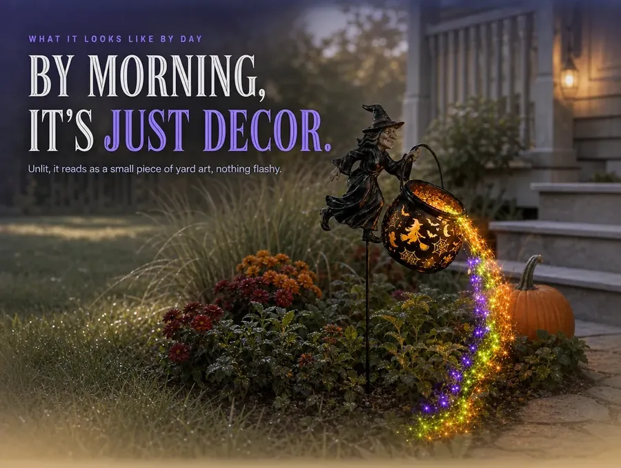 The unlit cauldron stake standing quietly in a dewy garden bed at early morning