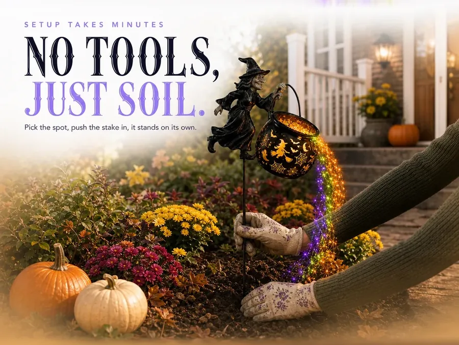 Gloved hands pushing the metal stake into soft garden soil in daylight, no tools