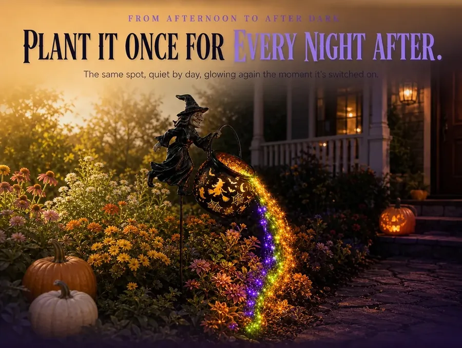 A flower bed transitioning from bright afternoon to the same cauldron stake glowing at night