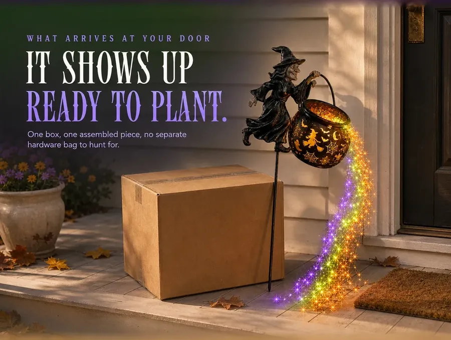 A plain parcel on a bright porch with the unlit cauldron stake leaning beside it