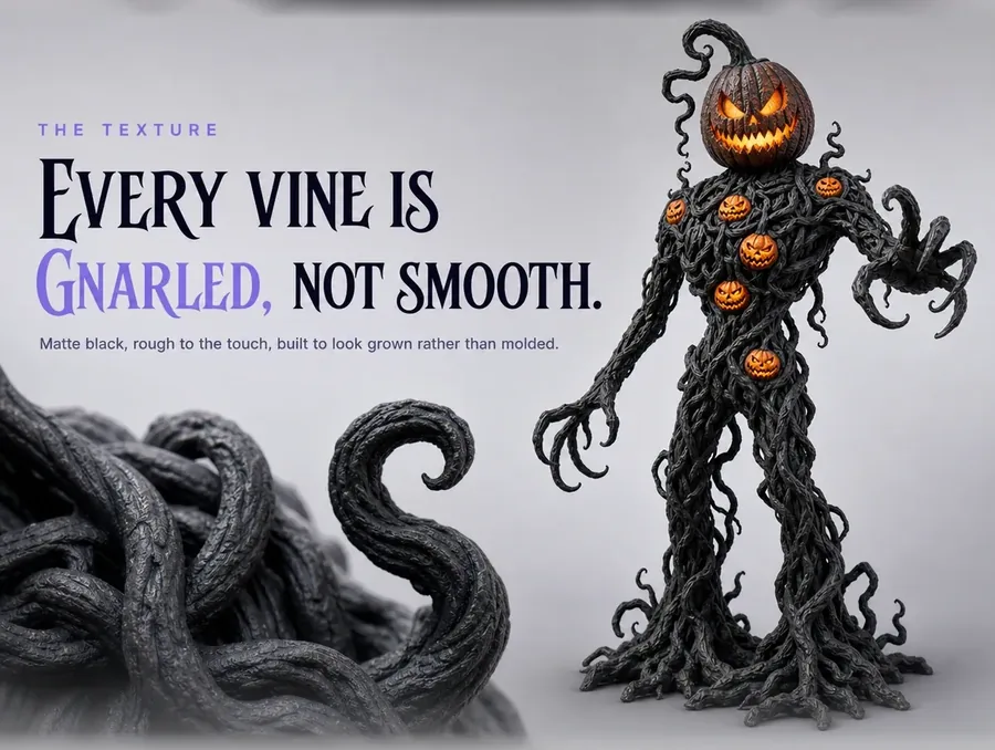 Close macro of the gnarled black vine texture and a curling tendril hand.