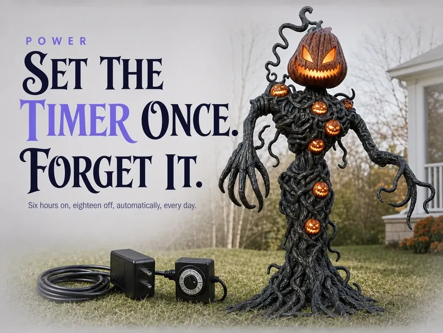 The plug-in power adapter and timer switch at the base of the creature's stand.