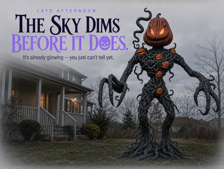 The vine creature standing in a front yard as the afternoon sky turns grey and overcast.