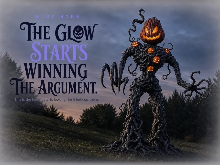 The vine creature's orange glow standing out as the sky turns deep blue-grey.