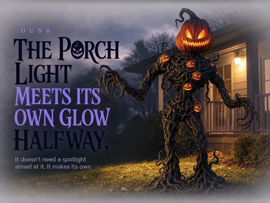 Porch light meeting the vine creature's own orange glow as dusk settles in.