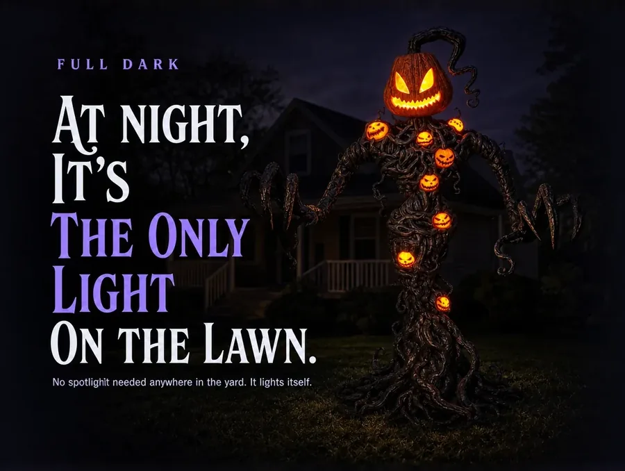 The vine creature lit only by its own warm orange glow in a fully dark yard at night.