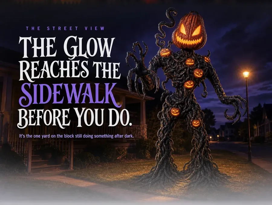 Seen from the sidewalk at night, the vine creature's orange glow washing over the front lawn.