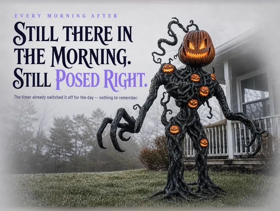 The vine creature still in place in the front yard on a dewy morning, lights off.