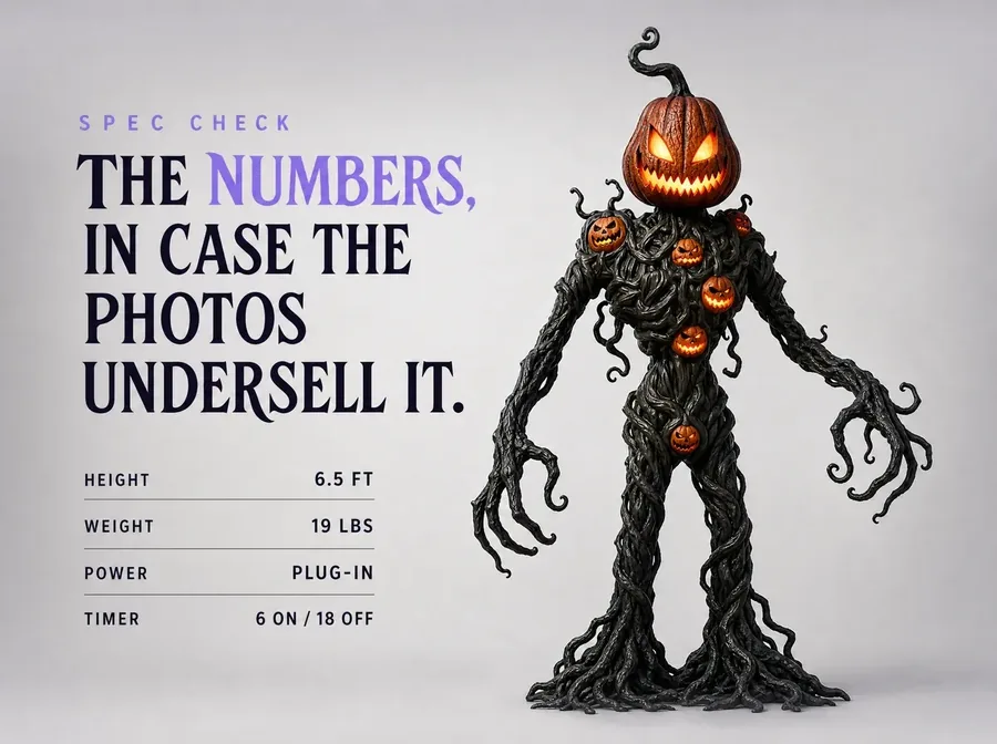 Studio shot of the standing vine creature beside a small spec card listing height, weight and power.