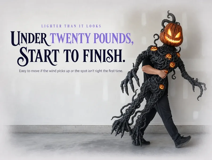 One person carrying the vine creature under one arm across a garage floor.