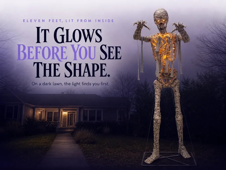 An eleven foot LED mummy lit amber in a dark front yard, arms raised, under the line it glows before you see the shape.