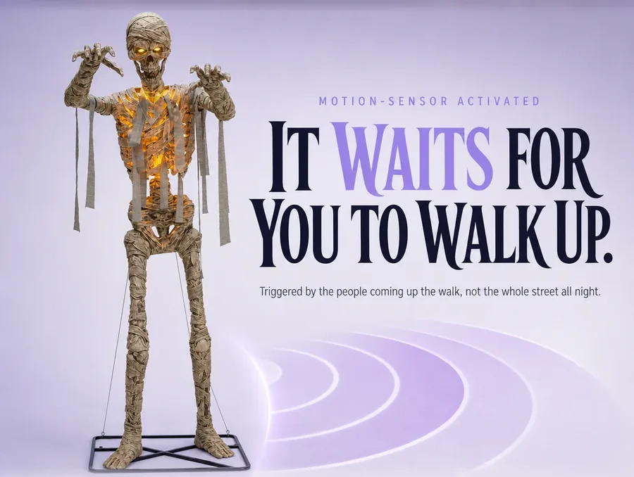 The mummy cut out on a pale ground with a soft violet motion-sensor arc sweeping from its base.
