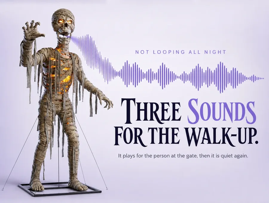 The mummy's skull head cut out on a pale ground with a violet audio waveform rising from its mouth.