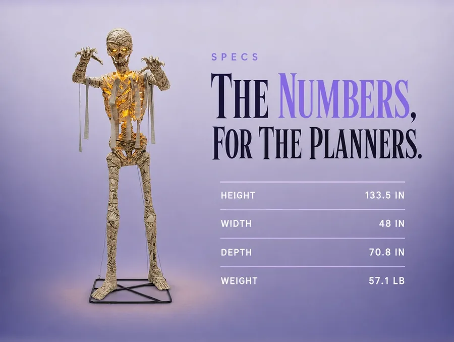 The mummy shown small beside a clean spec sheet listing height, width, depth and weight.
