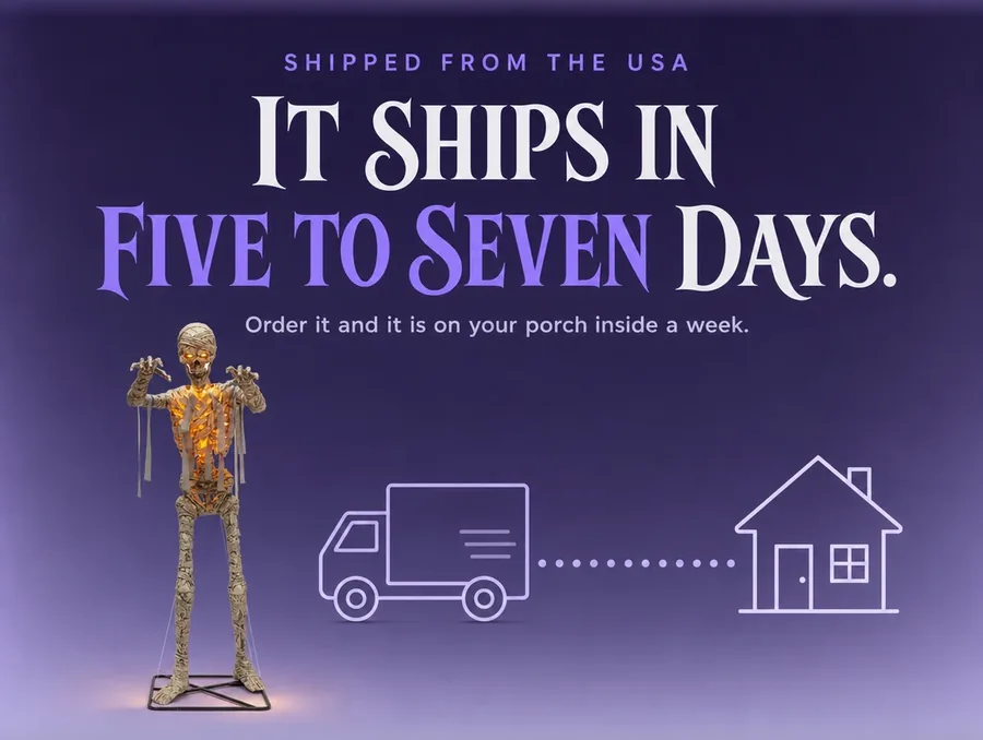 The mummy shown small beside a simple delivery truck icon and route line ending at a house.