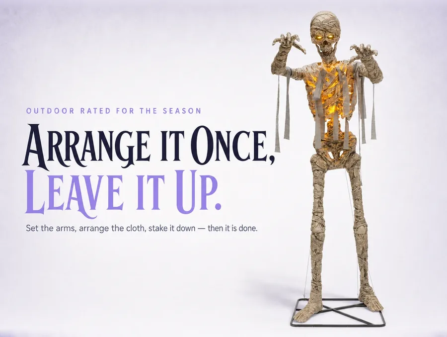 The mummy in a reaching pose on an almost-white background, arranged and ready for the season.