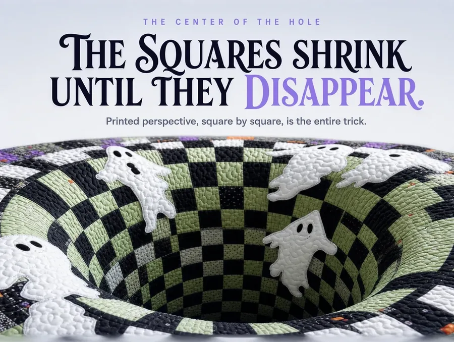 A macro crop of the checkerboard squares narrowing toward the printed dark center of the illusion.