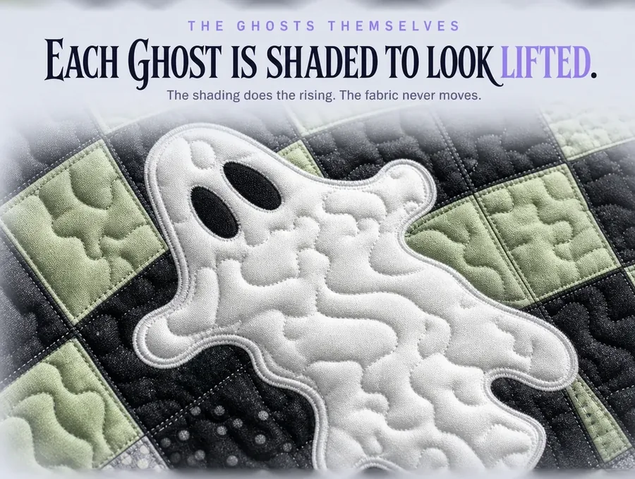 A close macro crop on one printed ghost figure, its shaded edges making it appear to lift off the flat rug.